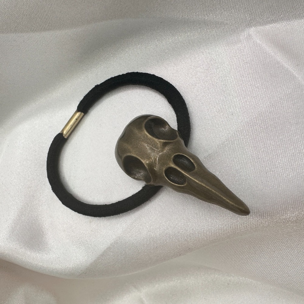 Vintage Y2K Bronze Tone Crow Skull Up Elastic Hair Band Halloween Hair Accessory - Picture 6 of 10